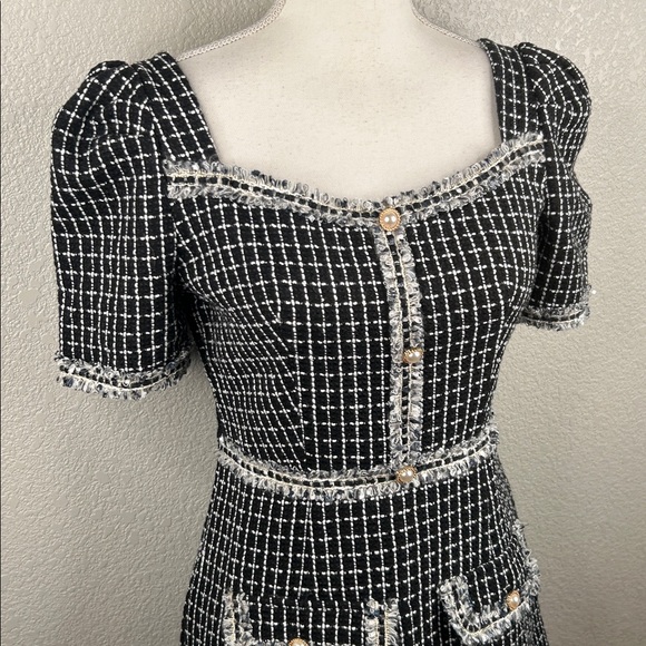 Shein Black & White Coquette Girl Tweed Classic Square Neck Mini Dress Size S - Picture 2 of 6